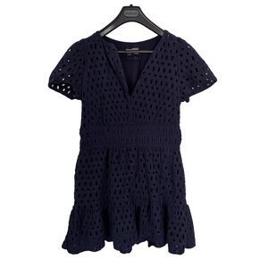 Anthropologie Somerset Eyelet Navy V-Neck Mini Dress, Large